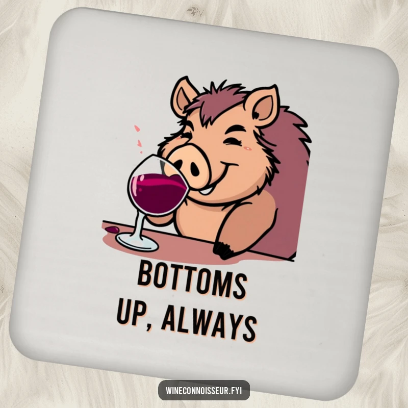 Funny boar drink coaster featuring a jovial character contentedly sipping from a substantial wine goblet, for humorous surface protection.