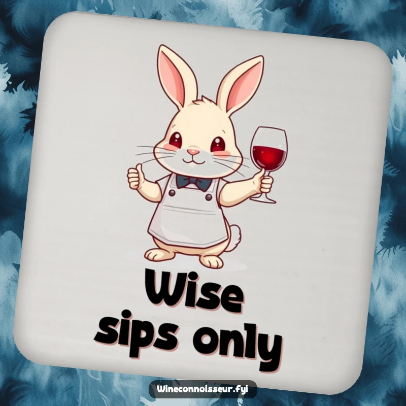Funny brave rabbit sommelier coaster, wearing apron, nodding wisely, cute and protective drink accessory.