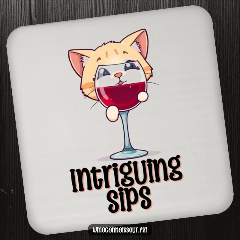 Funny drink coasters featuring a playful cat character peering with intrigue into a wine glass, adding humorous flair to drinks.