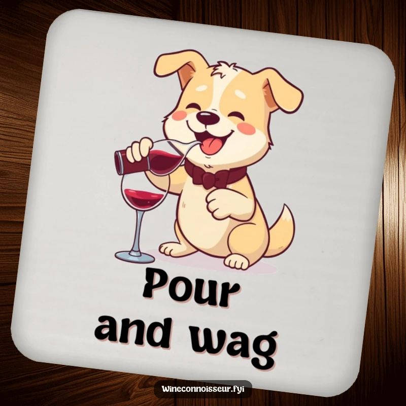 Funny drink coaster with a cheerful dog pouring wine from a decanter with a flourish, offering playful protection.