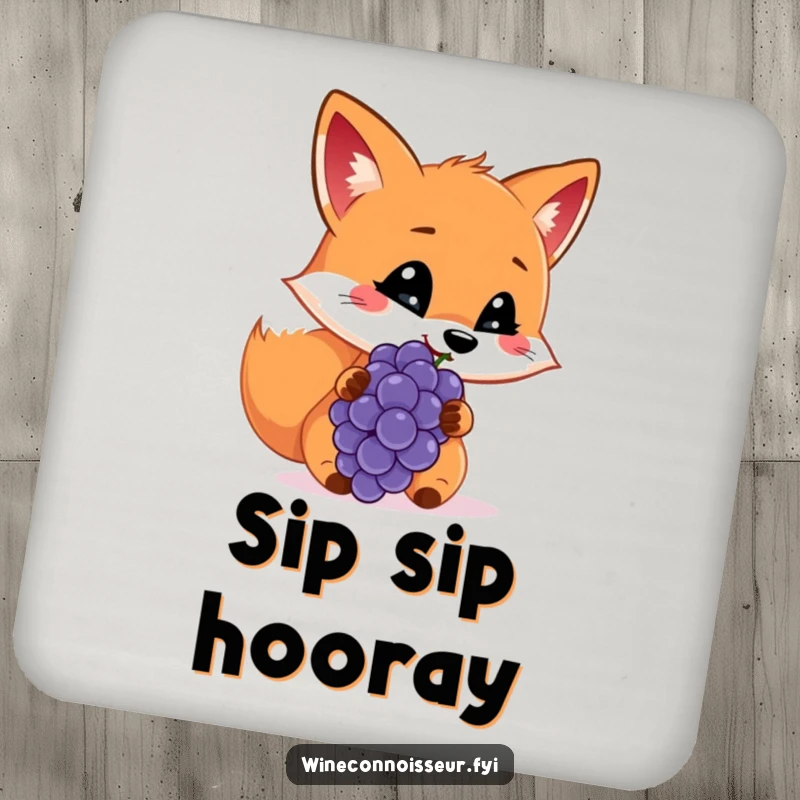 Funny drink coaster featuring a cheerful fox sniffing a grape with a discerning look, protecting surfaces.