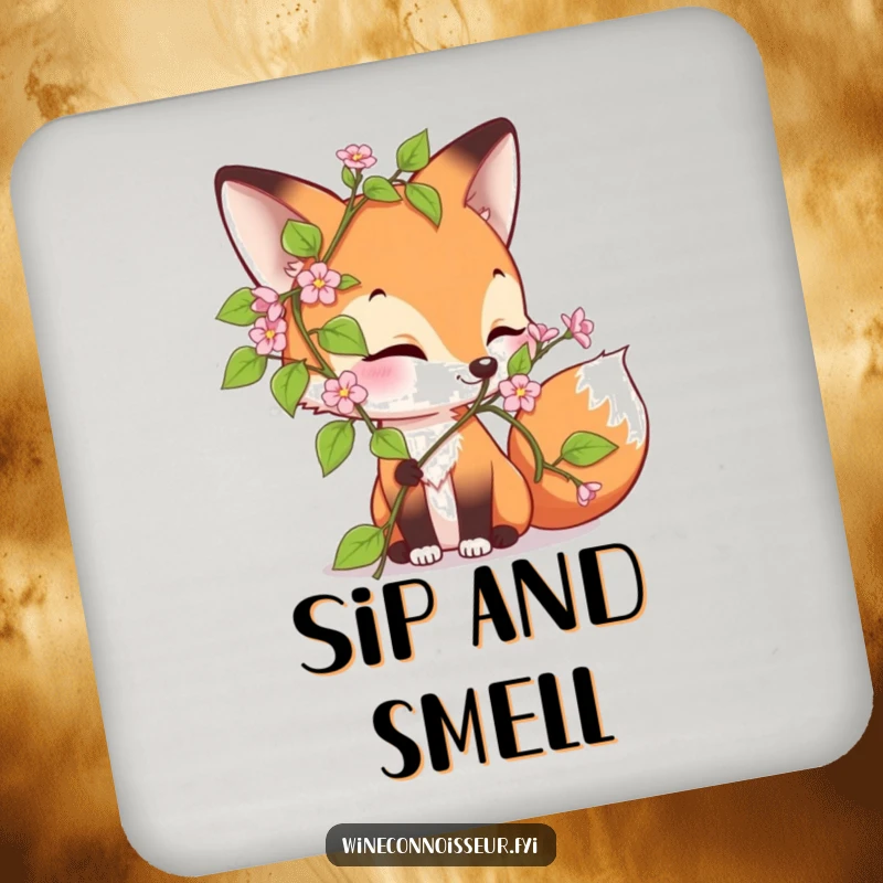 Funny drink coasters featuring a curious fox character sniffing a blooming vine with delight, adding natural humor to tabletops.