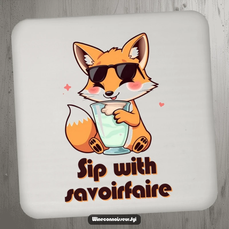 Funny kawaii fox coaster, character swirling wine glass, sophisticated happy expression, protects surfaces with humor.