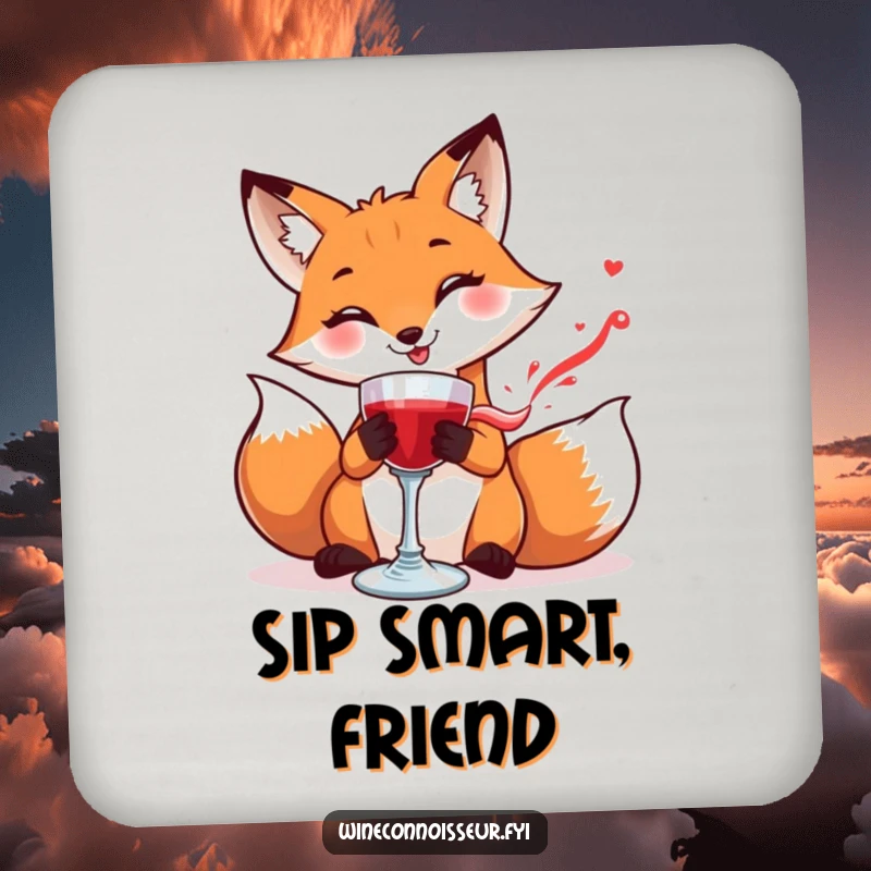 Funny drink coaster with a smiling fox carefully swirling a goblet of red liquid, adding sophisticated protection.