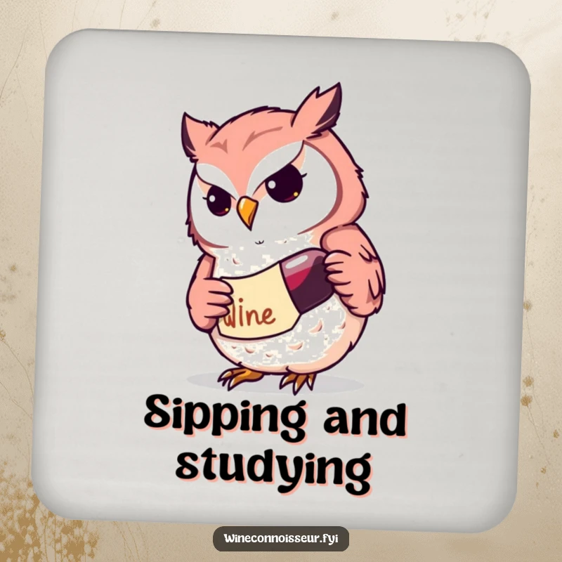 Funny Kawaii owl wine coaster showing a determined character studying a label, providing surface protection with intelligence and humor, a great gift.