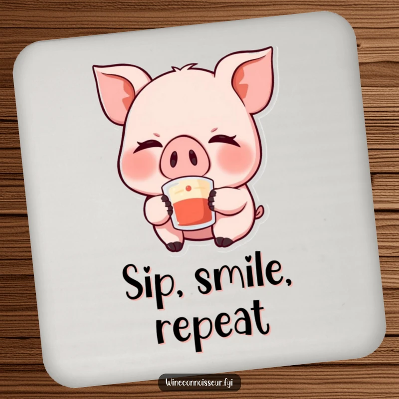 Funny Kawaii Pig Drink Coaster: A charming coaster showcasing a giggling pig character with eyes closed, savoring a sip, adding humor to beverage placement.
