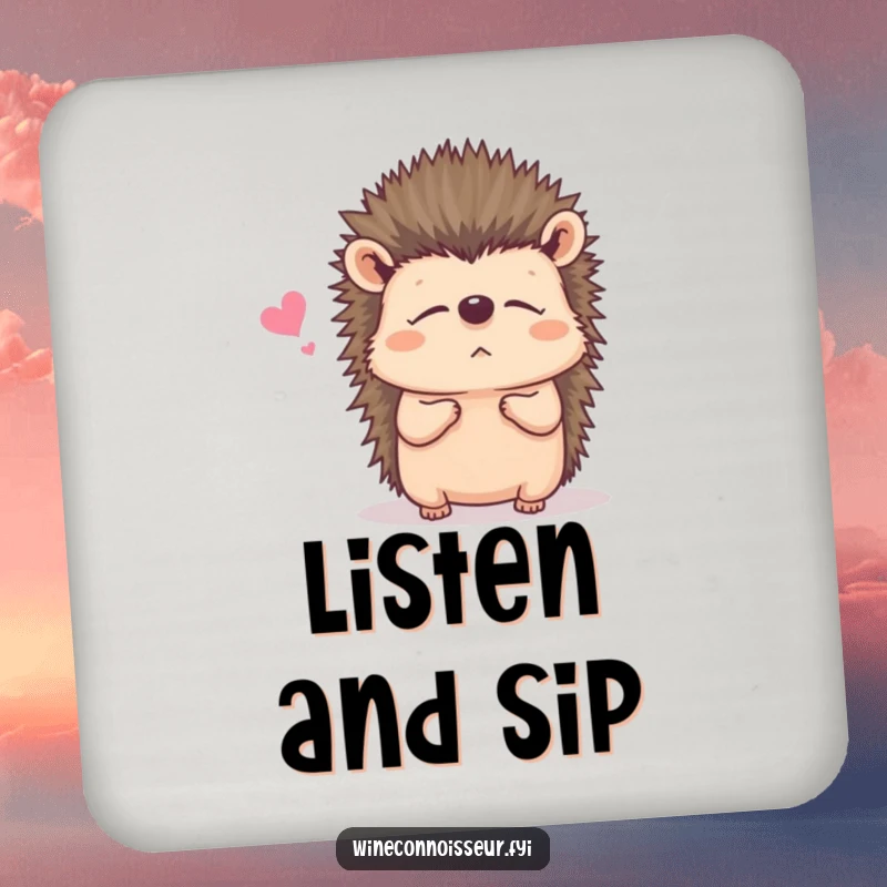 Funny drink coaster featuring a contented hedgehog listening, adding a touch of gentle humor and attentiveness.
