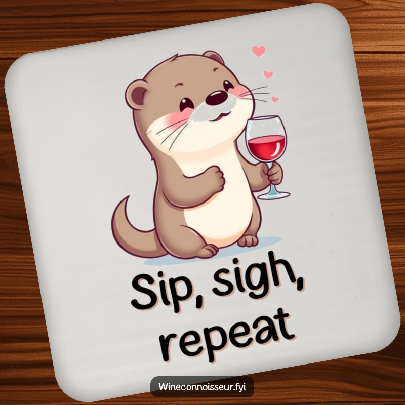 Funny kawaii otter coaster, character holding wine glass, sighing contentedly, protects surfaces with humor.