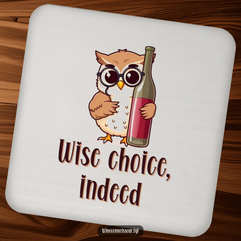 Funny drink coaster with a wise owl character examining a wine bottle, adding thoughtfulness and surface protection.