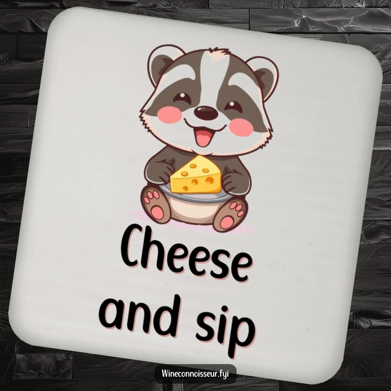 Funny badger cheese coaster showcasing a happy badger offering cheese. Protects surfaces with a gourmet touch of humor.