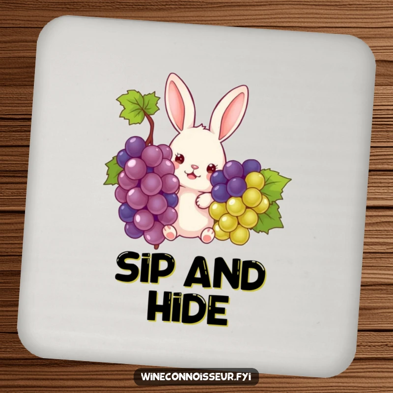 Funny rabbit peeking from grapes illustrated on a drink coaster, adding humor and protection, ideal for a funny gift.