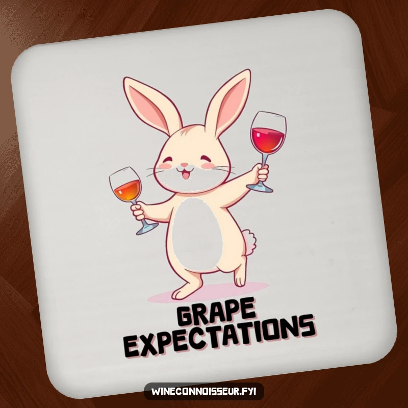 Funny Drink Coaster: A joyful rabbit waltzing with a wine glass, protecting surfaces with whimsical charm and humor.