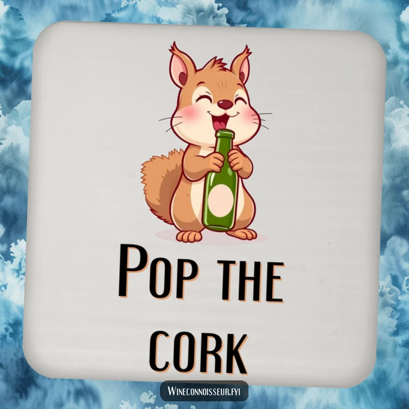 Funny drink coaster with an excited kawaii squirrel uncorking a miniature bottle, perfect for party tables and humorous decor.