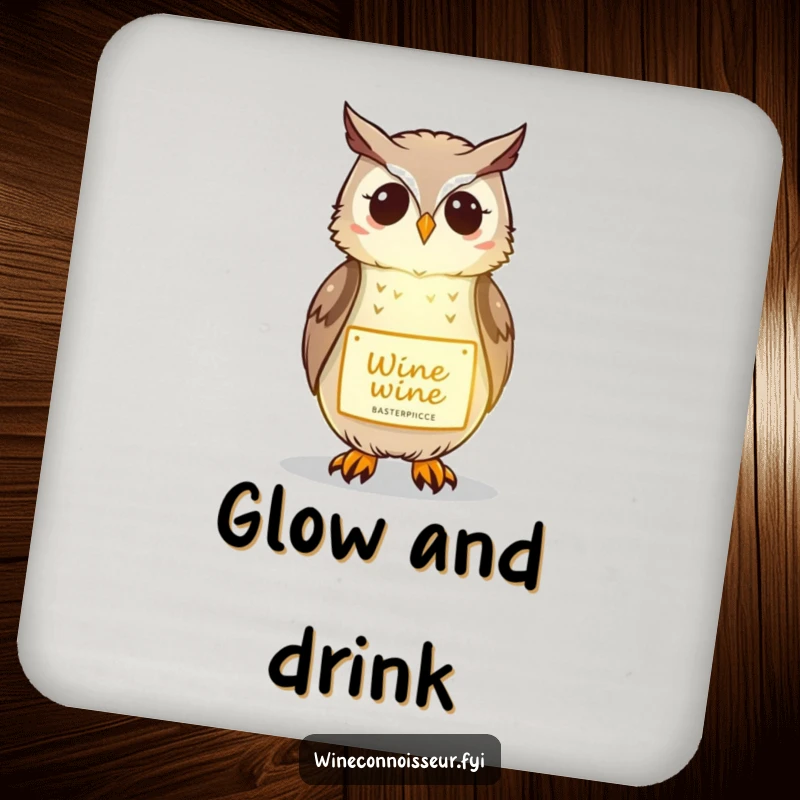 Funny drink coaster with a kawaii owl gently illuminating a wine label, offering sophisticated surface protection and humor.