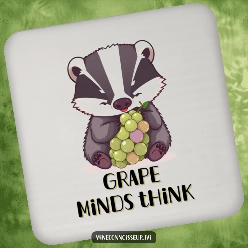 Funny drink coaster featuring a determined badger examining a grape with great concentration, a humorous and protective accessory.