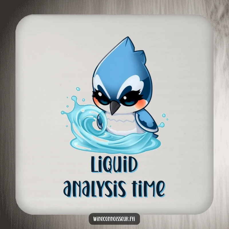 Funny coaster with a determined blue jay character analyzing a swirling liquid, a smart and practical table accessory.