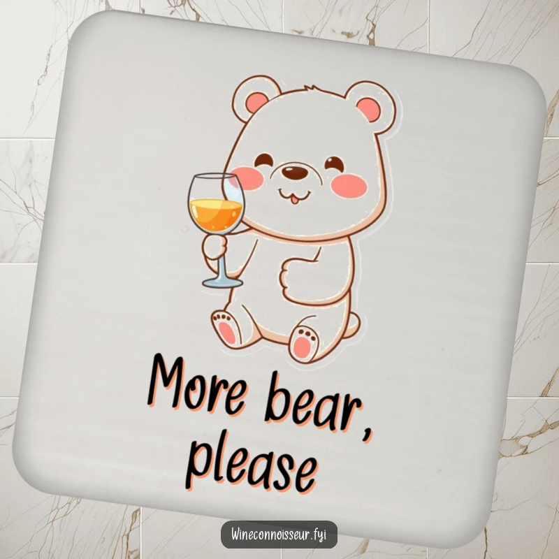 Set of funny drink coasters featuring a happy bear character holding a wine glass with its paw, adding cheer to tables.