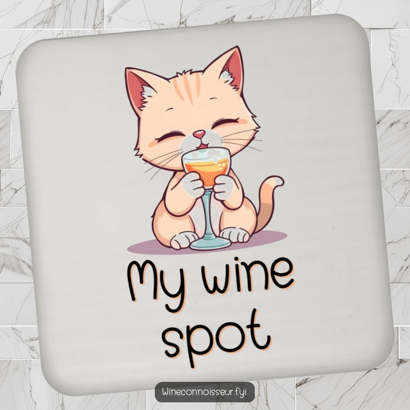 Funny drink coaster with a kawaii cat character elegantly sipping from a tiny goblet, offering elegant surface protection and humor.