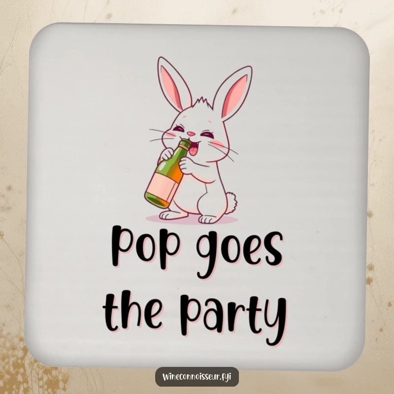 Funny drink coaster showcasing a determined rabbit character enthusiastically uncorking a miniature wine bottle, adding a festive flair.