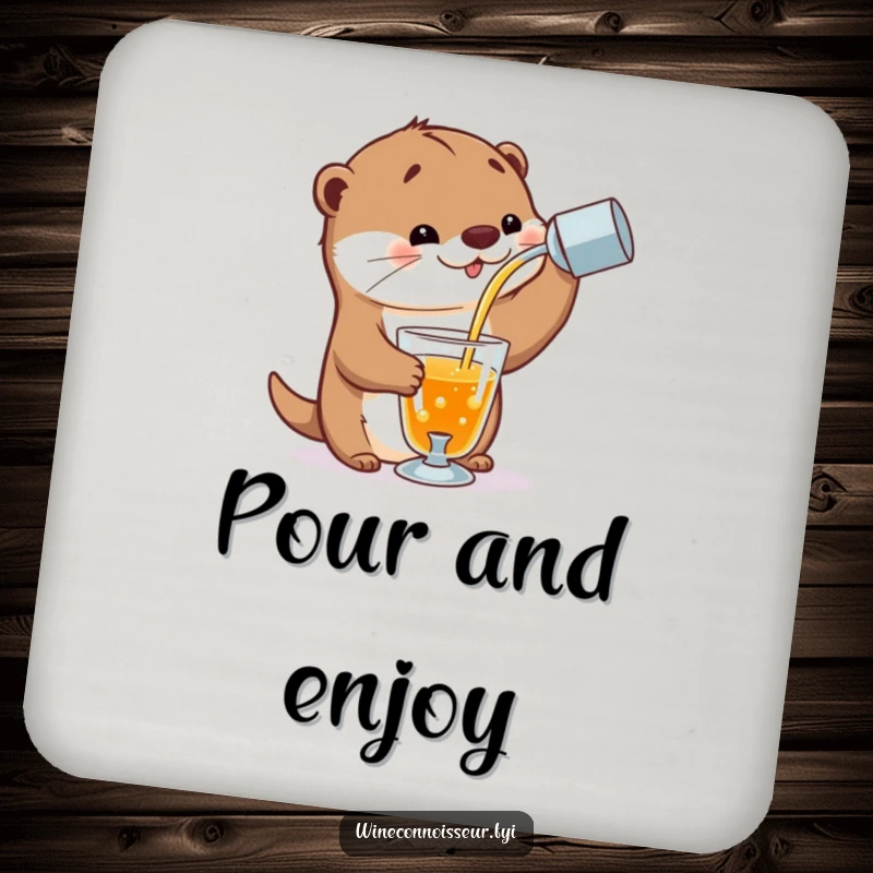 Funny drink coaster showcasing a playful otter character expertly pouring a stream of amber liquid into a delicate glass, adding bar elegance.