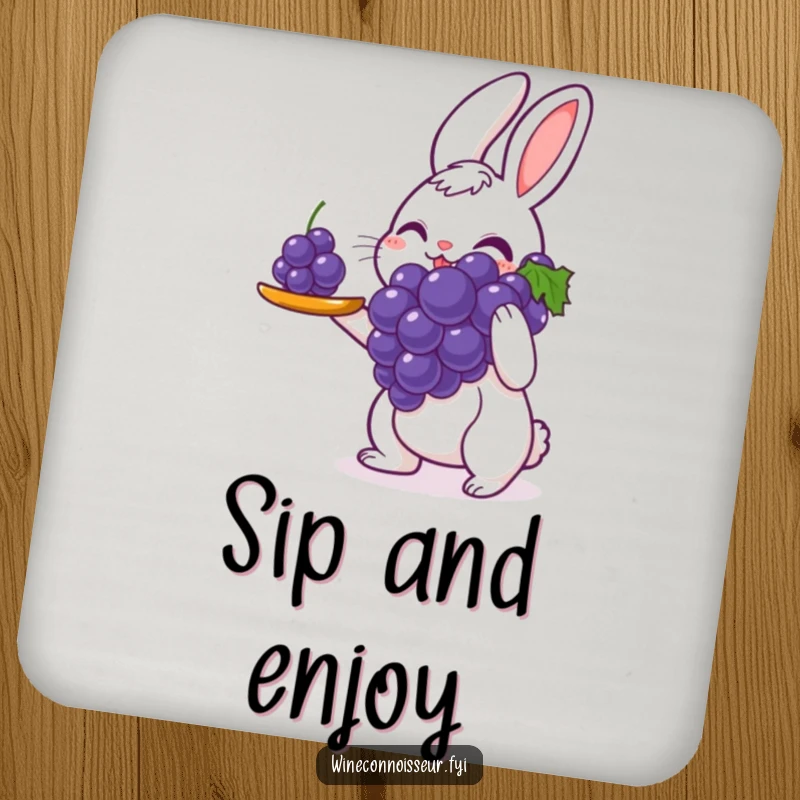 Funny coasters featuring a delighted rabbit server presenting a single perfect grape with great care, providing stylish surface protection with a humorous and charming design.