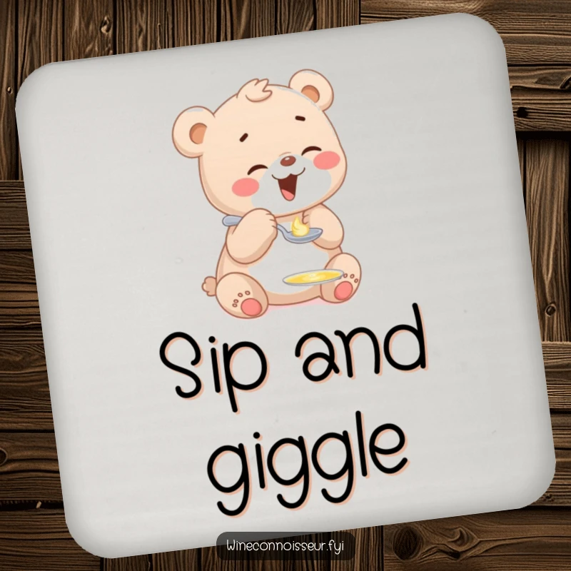Funny drink coaster showcasing a giggling bear cub character tasting a tiny drop of honey from a miniature spoon, adding a touch of charm.