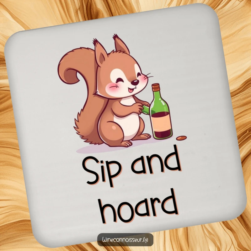 Funny drink coaster with a playful squirrel attempting to uncork a miniature wine bottle, adding sophisticated humor.