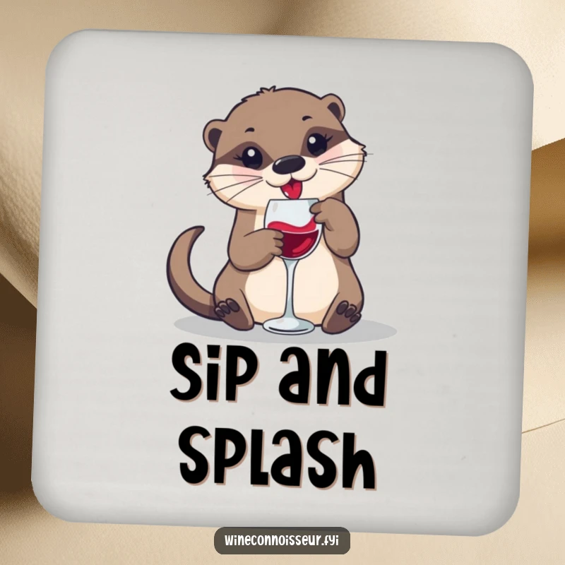 Set of funny drink coasters featuring a playful otter swirling wine in a small glass, adding whimsical charm to tables.