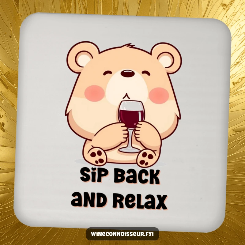 Funny wine bear coaster showing a content bear enjoying a sip of wine. Adds a humorous accent to drink service.