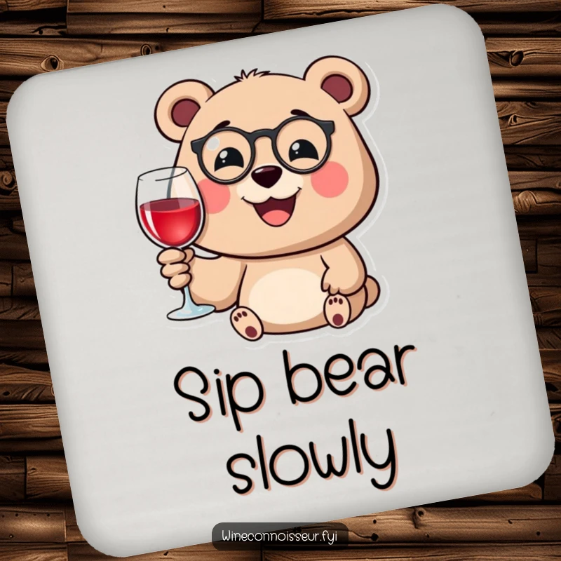 Funny drink coaster with a happy bear wearing a monocle, smiling while holding a wine glass, adding elegant protection.