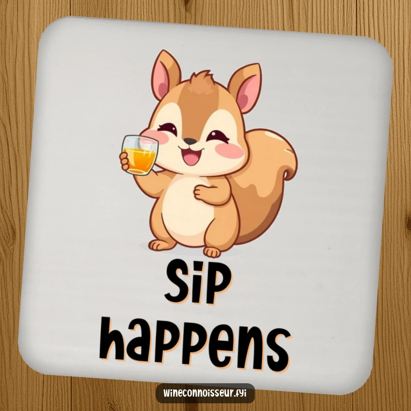 Funny drink coasters featuring a happy squirrel character raising a tiny glass of amber liquid, adding festive humor to tabletops.