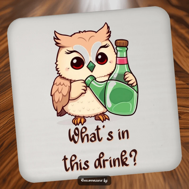 Funny drink coaster featuring a playful owl meticulously sniffing a bottle with a thoughtful expression, a humorous and protective accessory.