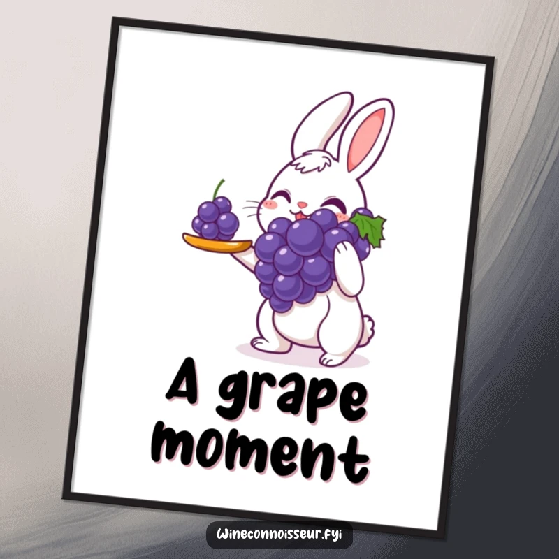 Funny poster of a delighted rabbit meticulously serving a single perfect grape with great care, an adorable and humorous illustration for wall decor.