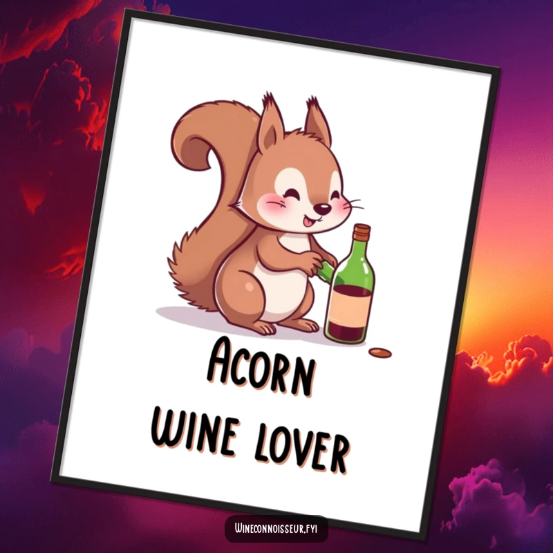 Funny poster showing a playful squirrel attempting to uncork a miniature wine bottle, bringing a sense of fun to decor.