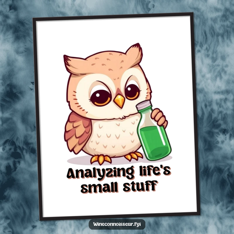 Funny owl expert poster showing a smiling owl peering intently at a tiny bottle with a focused, scholarly expression.