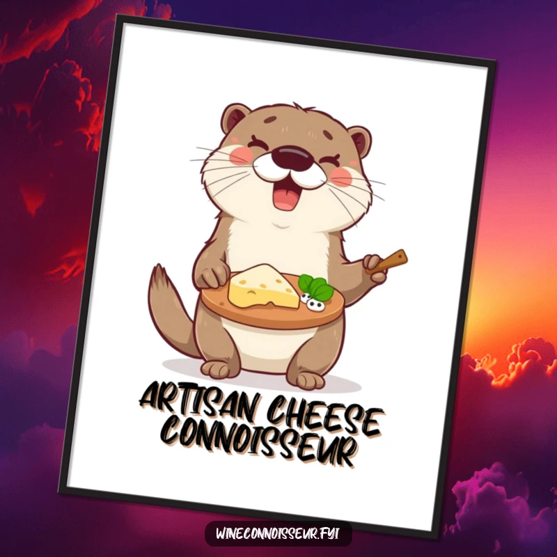 Funny otter proudly displays a cheese platter with detailed tasting notes on a vibrant poster, a great funny gift.