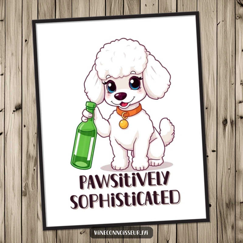 Funny white poodle poster, refined pose, gesturing to a bottle, elegant wall art, adds sophistication, a perfect funny gift.
