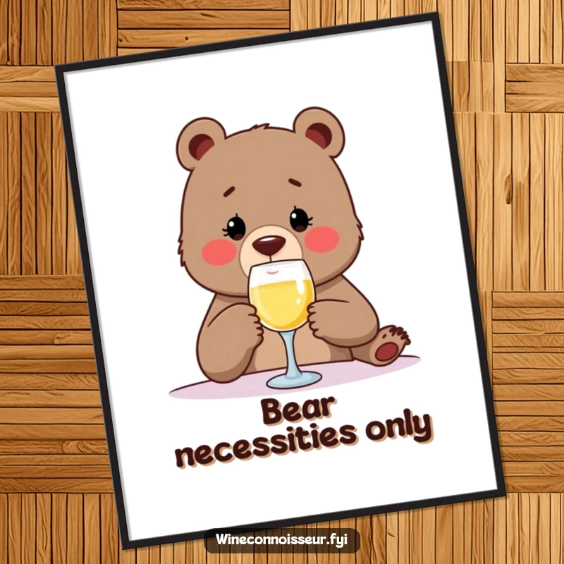 Funny poster art of a determined bear meticulously tasting a tiny sip from a wine glass, adding a touch of humorous elegance to any wall.