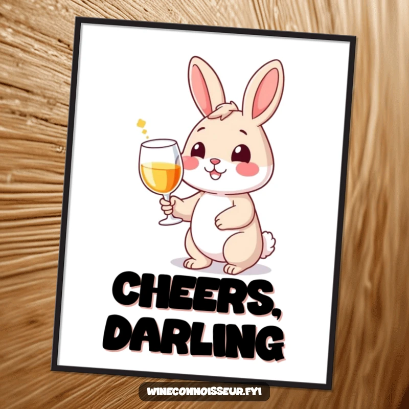Funny poster depicting a smiling rabbit character holding a wine glass with a dramatic flourish, perfect for sophisticated humor.