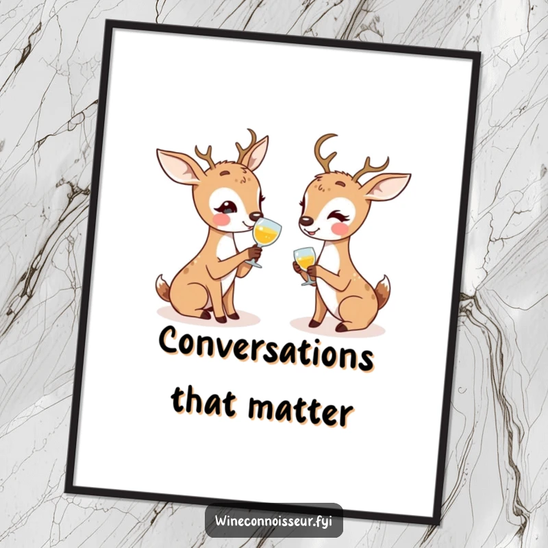 Funny poster depicting kawaii deer enthusiastically discussing tasting notes, perfect for creating a friendly and humorous atmosphere.