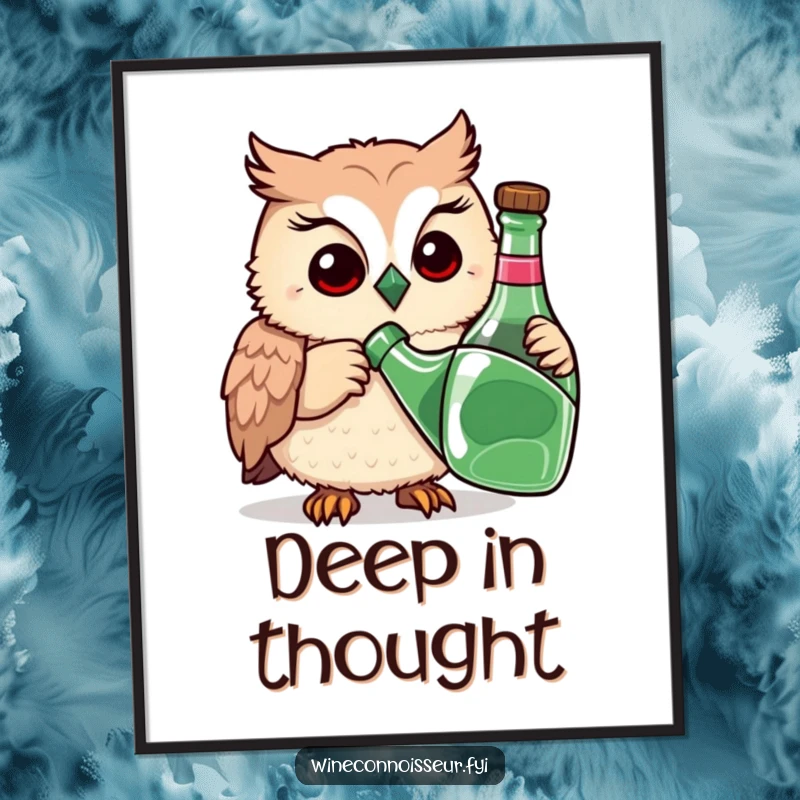 Funny poster of a playful owl meticulously sniffing a bottle with a thoughtful expression, embodying humor and investigative curiosity.