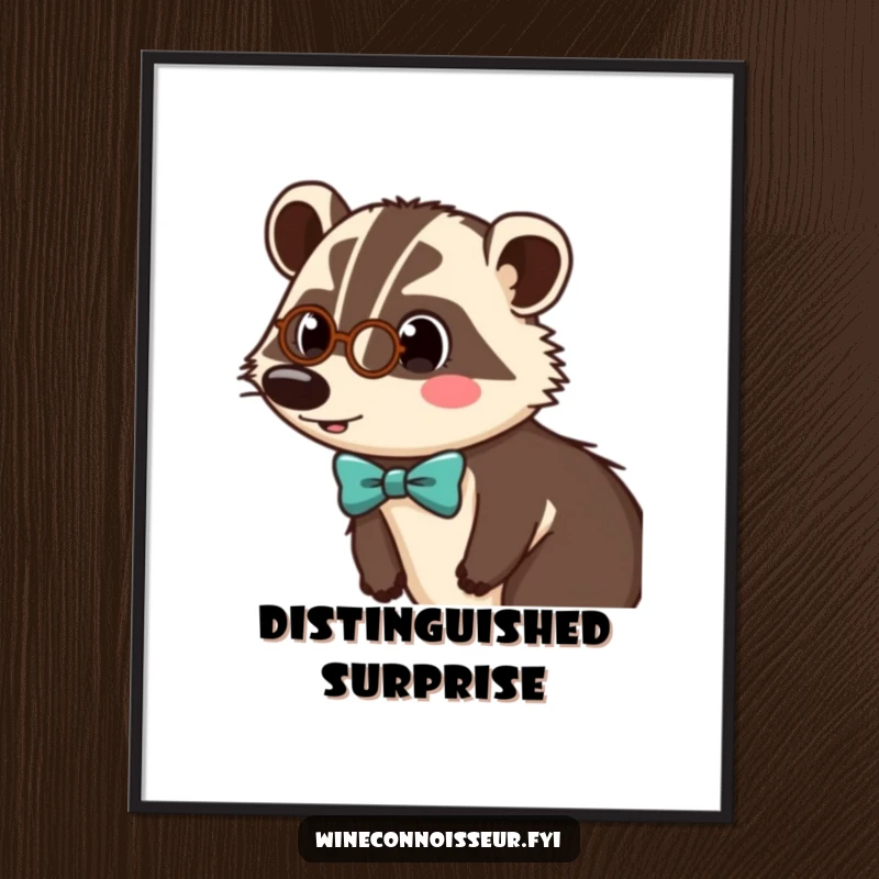 Funny poster of a surprised badger character wearing a tiny monocle and bow tie, adding a touch of whimsical, formal humor.