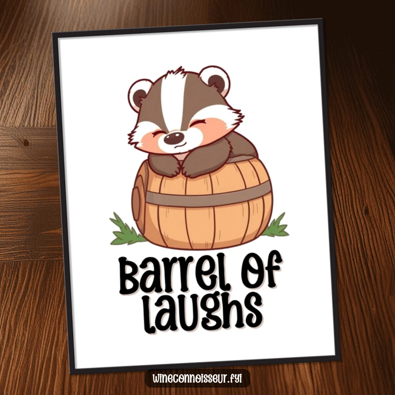 Funny poster depicting a wise badger lounging on a barrel with a satisfied expression, bringing serene humor to decor.