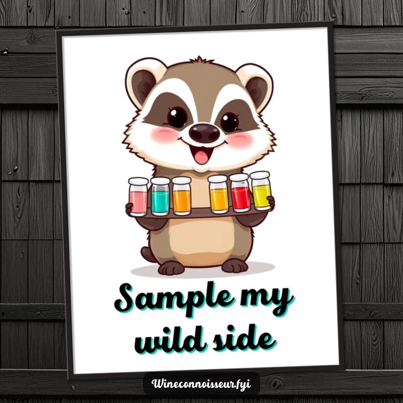 Funny poster featuring a delighted badger enthusiastically presenting a tasting flight of tiny vials, capturing a moment of pure gustatory delight.