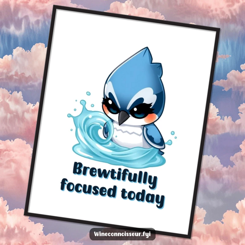 Funny poster of a determined blue jay character intently focused on analyzing a swirling liquid, a humorous scientific illustration.