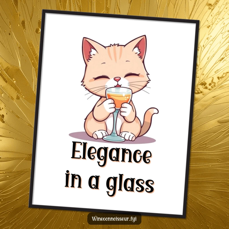 Funny poster of a kawaii cat elegantly sipping from a tiny goblet, creating refined and humorous wall art.