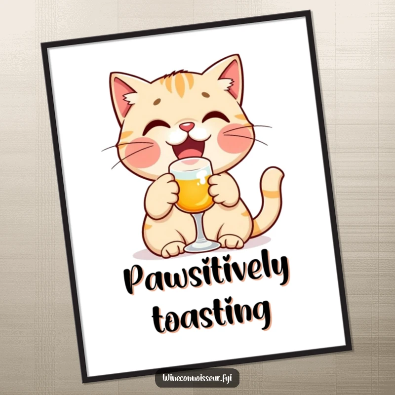 Funny cat poster displaying a delighted cat character raising a miniature glass, creating a festive and celebratory atmosphere.