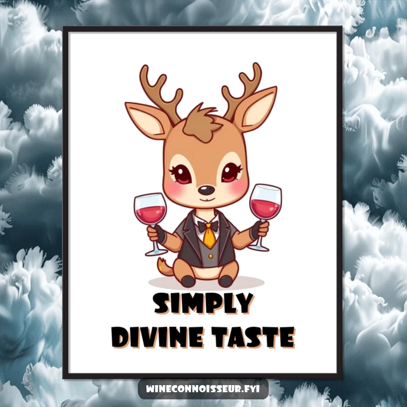 Funny deer poster showing a dignified character elegantly holding a wine glass with a reserved smile, for elegant humorous decor.