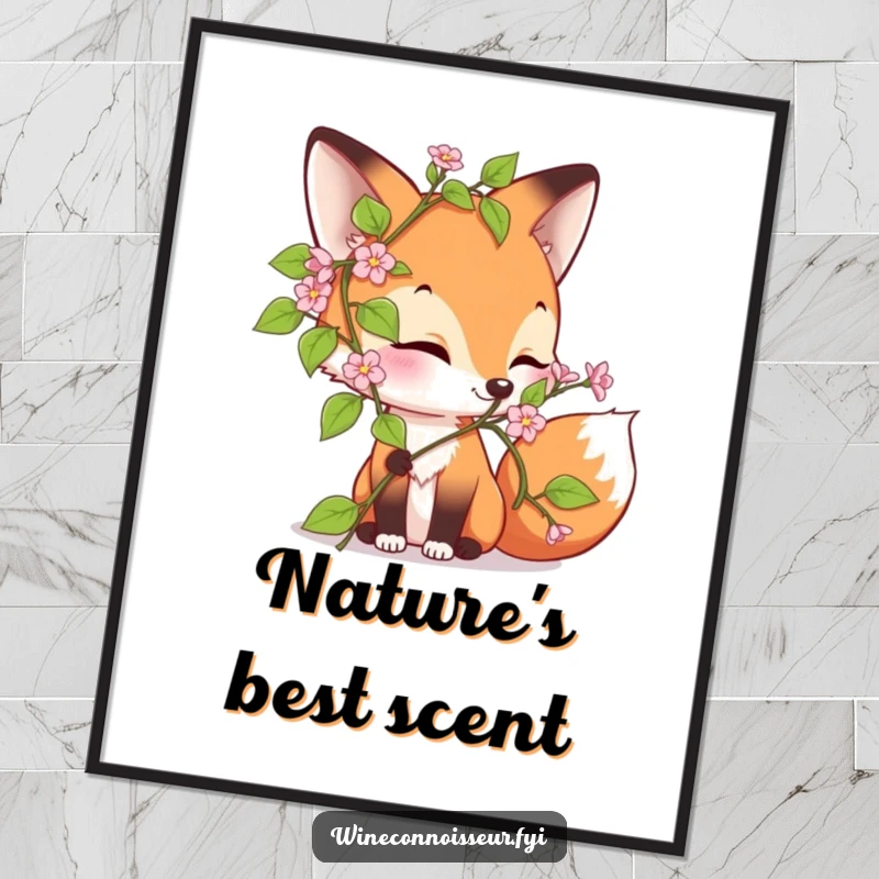 Funny poster illustrating a curious fox character delightedly sniffing a blooming vine, conveying a sense of peaceful joy and humor.