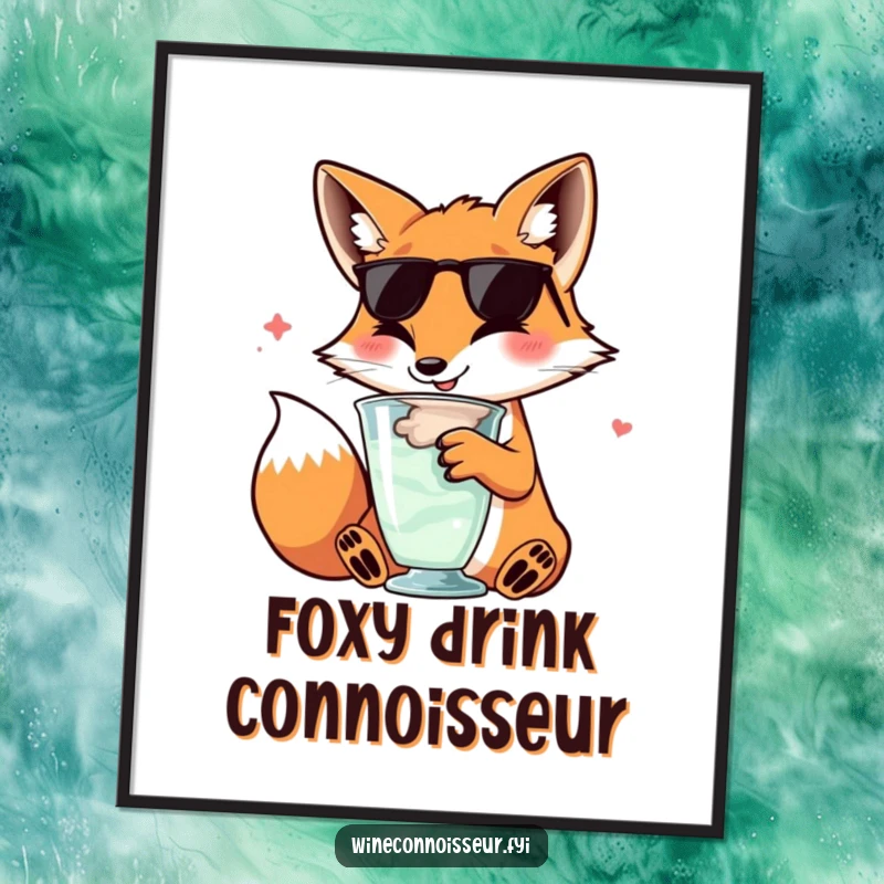 Funny kawaii fox poster, character swirling wine glass, sophisticated happy expression, elegant and amusing wall art.